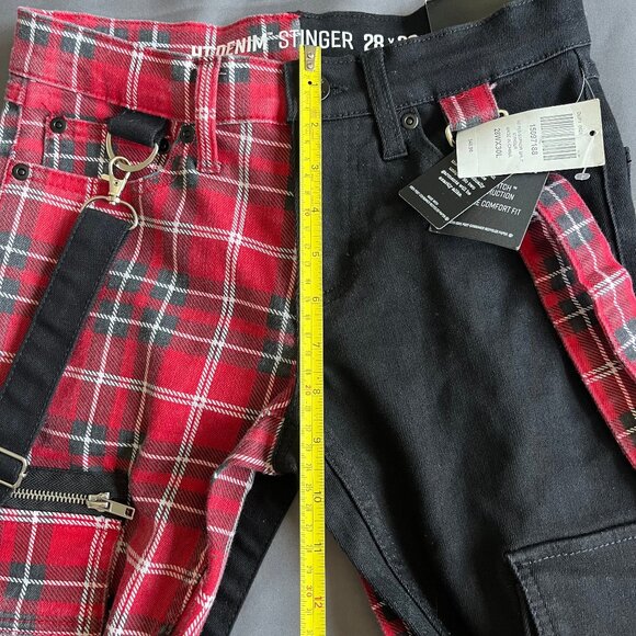 Hot Topic Denim Stinger Mens Size 28x30 Red Plaid Black Suspender Split Y2K Jean - Picture 3 of 7